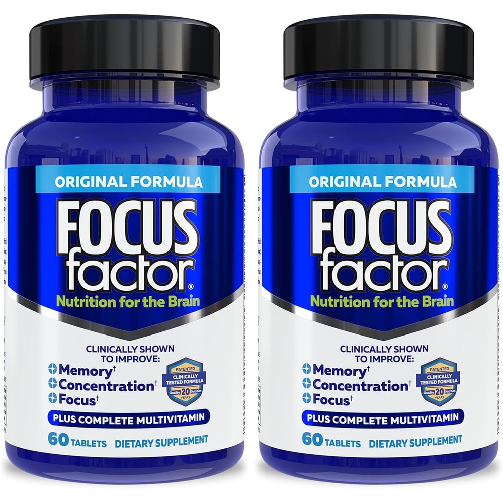 Focus Factor Nutrition for The Brain, Improved Memory & Concentration Brain Supplement, Complete Multivitamin with Vitamins B6, B12, D, Bacopa Monnieri & Tyrosine, 60 Count (Pack of 2)