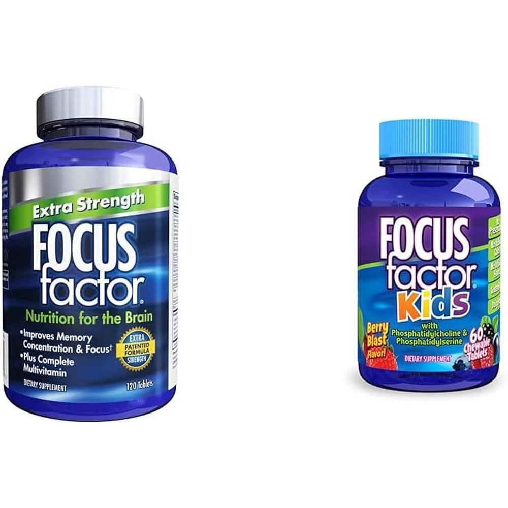 Focus Factor Adults Extra Strength, 120 Count - Brain Supplement for Memory & Kids Complete Daily Chewable Vitamins: Multivitamin & Neuro Nutrient (Brain Function) w/Vitamin B12, C, D3-60 Count
