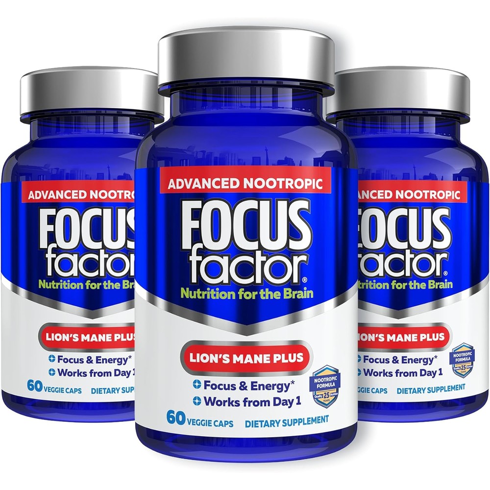 Focus Factor Lions Mane Plus, Advanced Nootropic with L-Theanine, Caffeine, Focus and Energy (60 Count) (Pack of 3)