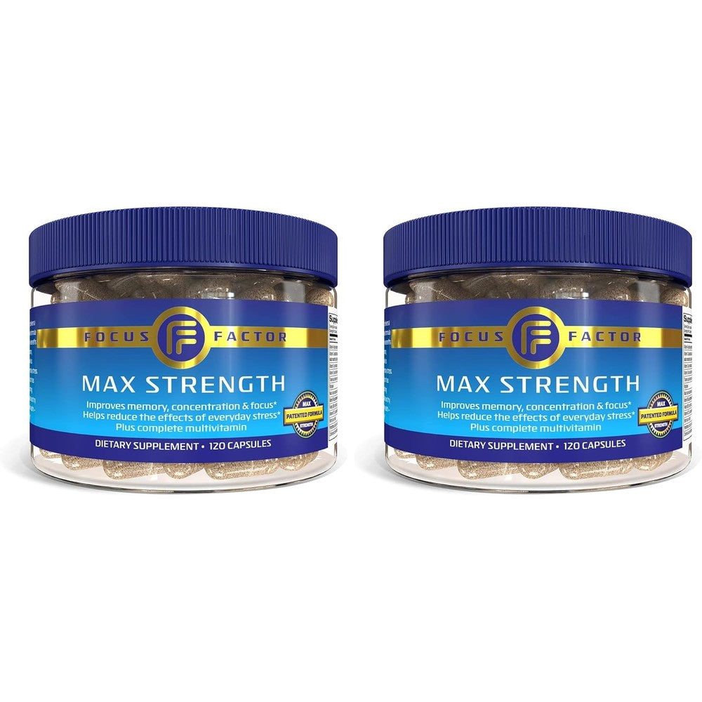 Focus Factor Max Strength Brain Supplement for Memory, Concentration & Focus, 120 Count - Complete Multivitamin with DMAE, White, 120 Count - Max Strength (Pack of 2)
