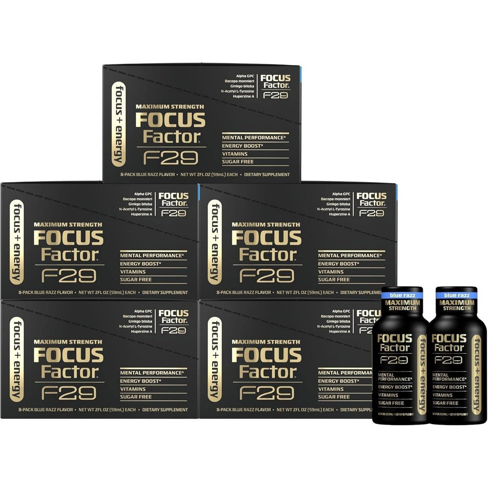 Focus Factor F29 Nootropic Focus + Energy Shot - Maximum Strength, Pack of 8 - Blue Raspberry Flavor - Nootropic Supplement, 5 Calories per Serving - Sugar Free Energy Drink (40 Bottles)