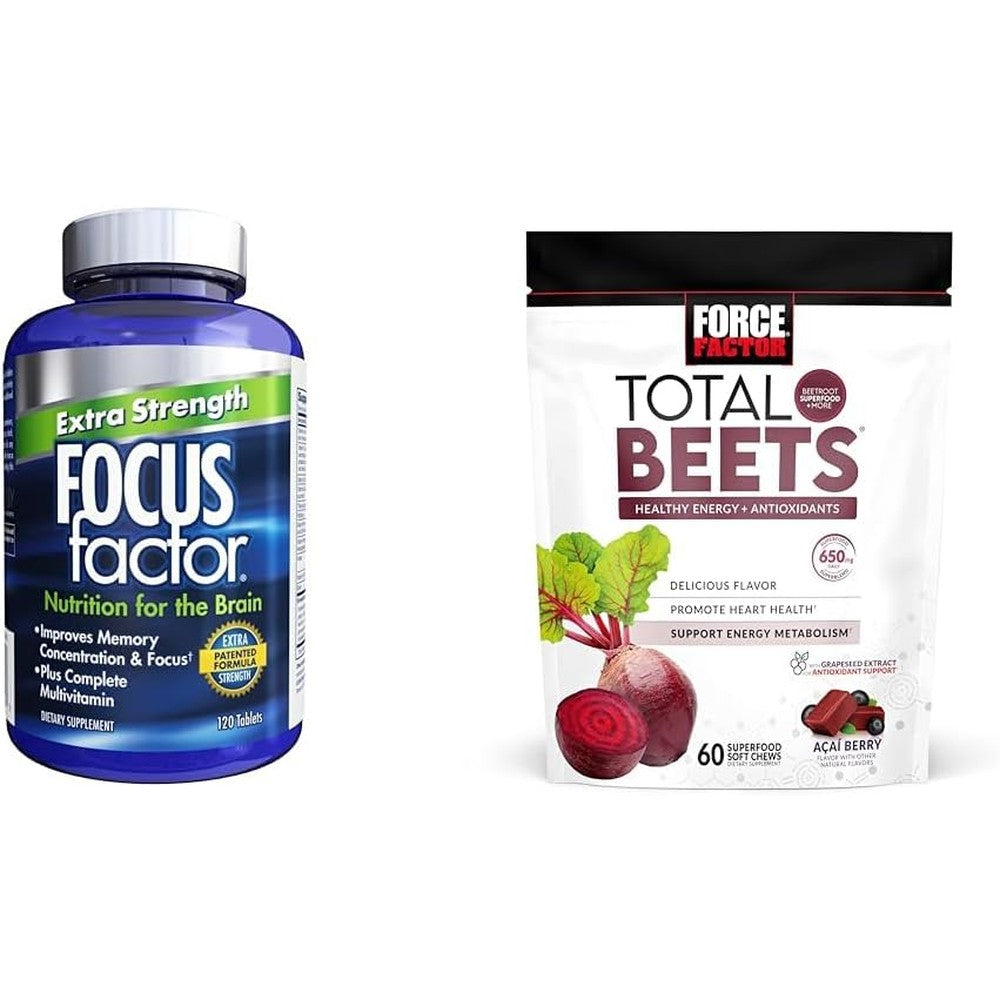 Focus Factor Adults Extra Strength, 120 Count - Brain Supplement for Memory & Force Factor Total Beets Soft Chews with Beetroot, Nitrates, L-Citrulline, Grapeseed Extract