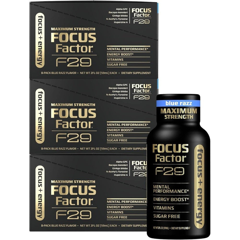 Focus Factor F29 Nootropic Focus + Energy Shot - Maximum Strength, Pack of 8 - Blue Raspberry Flavor - Nootropic Supplement, 5 Calories per Serving - Sugar Free Energy Drink (24 Bottles)