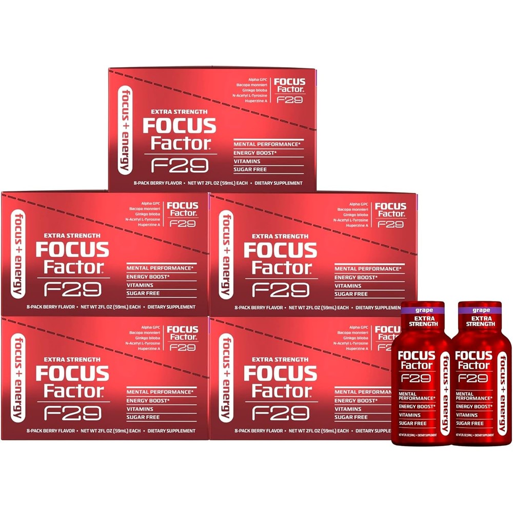 Focus Factor F29 Nootropic Focus + Energy Shot - Extra Strength, Pack of 8 - Grape Flavor - Nootropic Supplement, 5 Calories per Serving - Sugar Free Energy Drinks (40 Bottles)