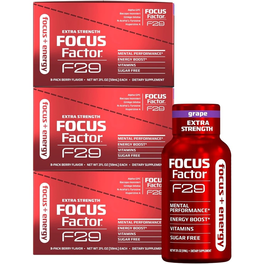 Focus Factor F29 Nootropic Focus + Energy Shot - Extra Strength, Pack of 8 - Grape Flavor - Nootropic Supplement, 5 Calories per Serving - Sugar Free Energy Drinks (24 Bottles)