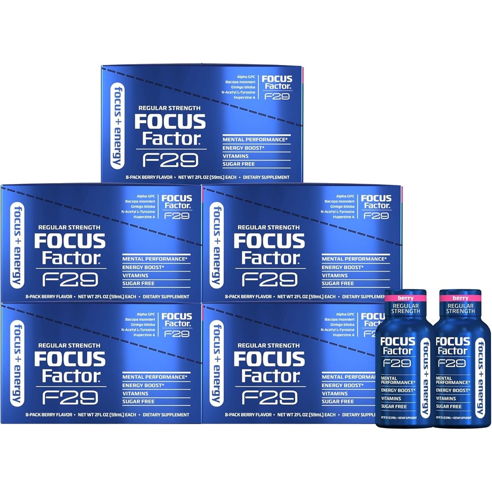 Focus Factor F29 Nootropic Focus + Energy Shot - Regular Strength, Pack of 8 - Mixed Berry Flavor - Nootropic Supplement, 5 Calories per Serving - Sugar Free Energy Drinks (40 Bottles)