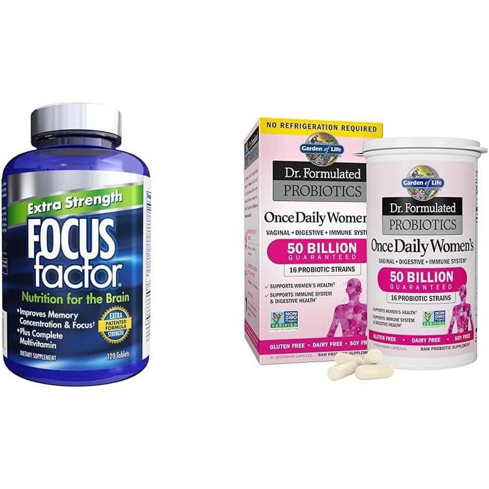 Focus Factor Adults Extra Strength Brain Supplement, 120 Count & Garden of Life Dr. Formulated Women's Probiotics, 50 Billion, 30 Capsules