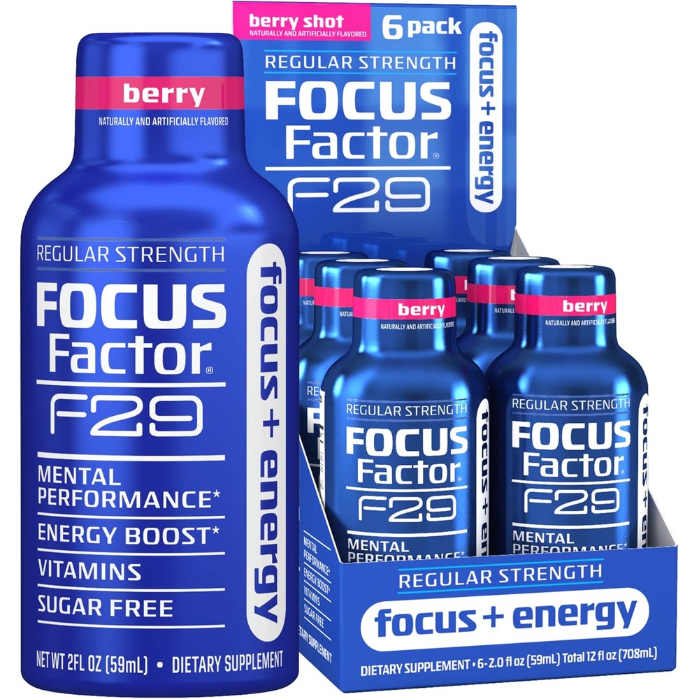 Focus Factor F29 Focus + Energy Shot Regular Strength, Pack of 6- Mixed Berry Flavor - Supplement, 5 Calories Per Shot - Nootropics Brain Support with Ginkgo Biloba, Bacopa Monnieri, Red