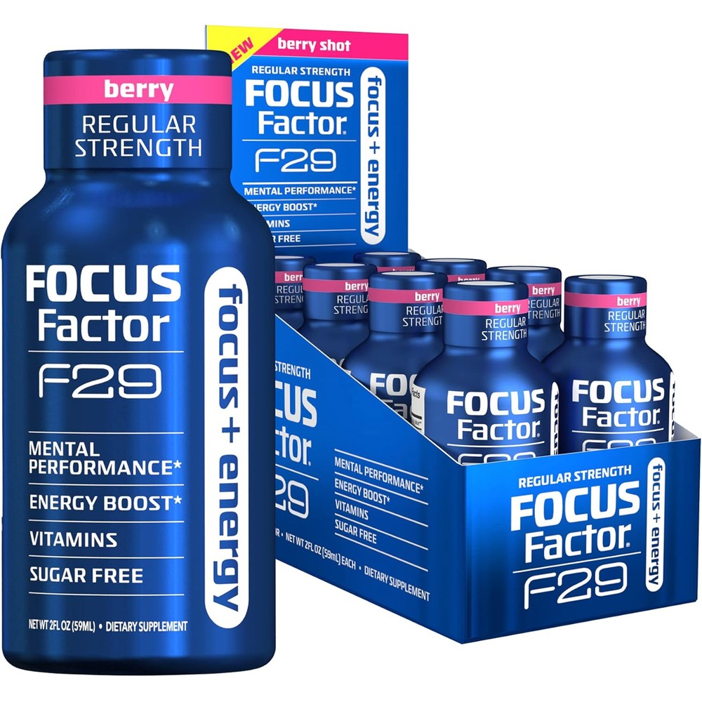 Focus Factor F29 Nootropic Focus + Energy Shot - Regular Strength, Pack of 8 - Mixed Berry Flavor - Nootropic Supplement, 5 Calories per Serving - Sugar Free Energy Drinks - Nootropic Brain Booster