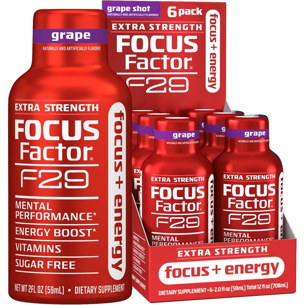 Focus Factor F29 Focus + Energy Shot - Extra Strength, Pack of 6 - Grape Flavor - Sugar Free Energy Supplement, 5 Calories Per Shot - Brain Support with Ginkgo Biloba, Bacopa Monnieri, Purple