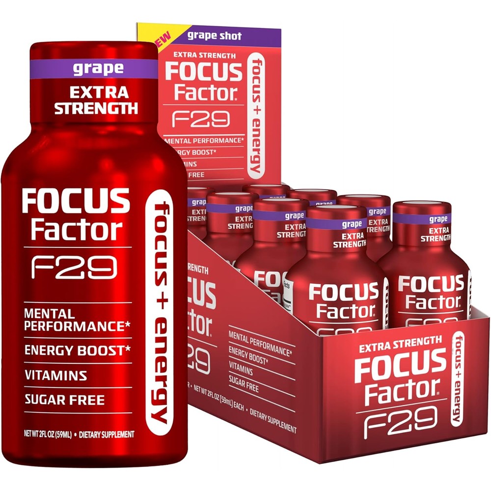 Focus Factor F29 Nootropic Focus + Energy Shot - Extra Strength, Pack of 8 - Grape Flavor - Nootropic Supplement, 5 Calories per Serving - Sugar Free Energy Drinks - Nootropic Brain Booster