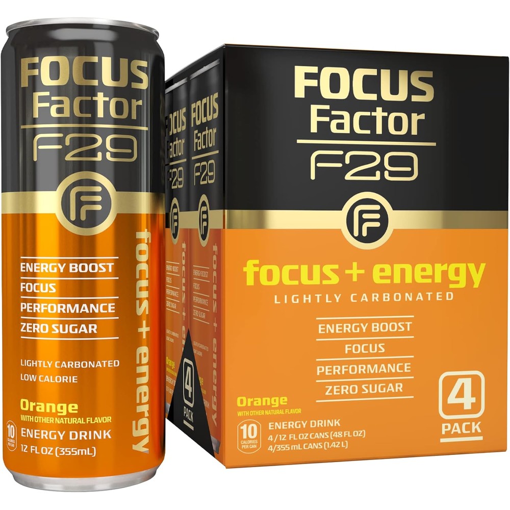 Focus Factor F29 Nootropic Focus + Energy Drink (Orange Flavor) - Pack of 4 - Lightly Carbonated - Nootropic Beverage, 10 Calories per Serving - Sugar Free Energy Drinks - Nootropic Beverage, Orange