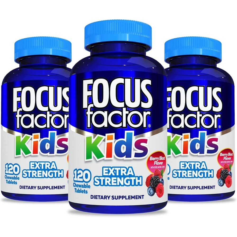 Focus Factor Kids Extra Strength Daily Chewable for Brain Health Support, 120 Count - Vitamins for Kids - Quality Formula - Gluten & Dairy Free Supplements for Children (3 Pack)