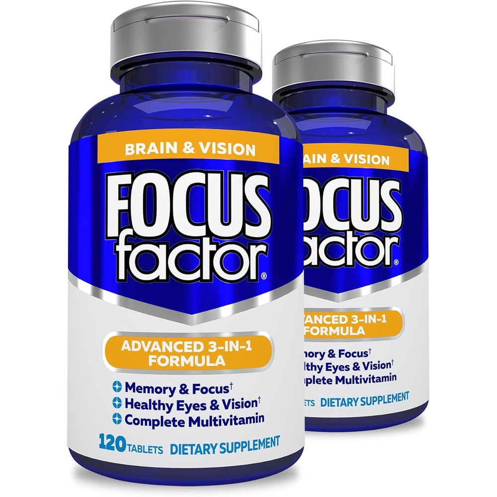 Focus Factor Adults Brain and Vision Supplement, 120 Count- Eye Vitamin, Mineral Supplement, Complete Multivitamin with Lutein & Zeaxanthin-Brain Supplement for Focus, Concentration, Memory (2 Pk)