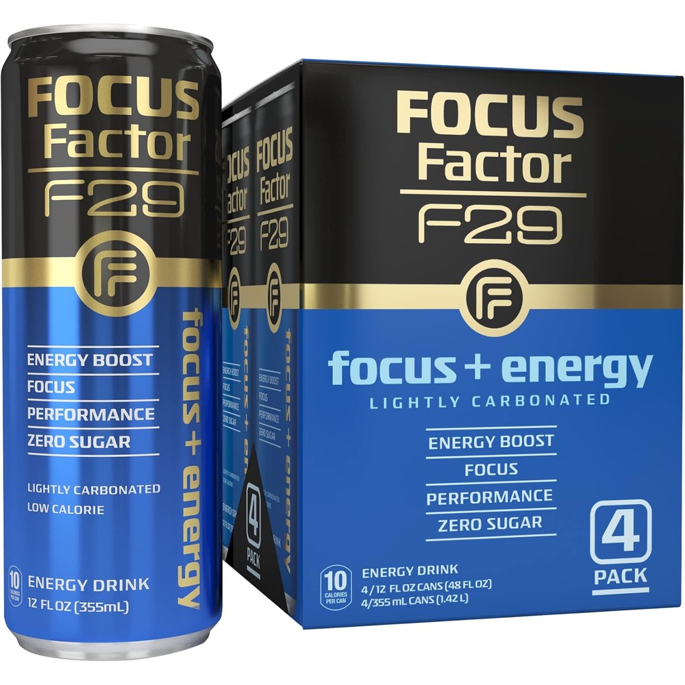 Focus Factor F29 Nootropic Focus + Energy Drink - Pack of 4 - Lightly Carbonated - Nootropic Beverage, 10 Calories per Serving - Sugar Free Energy Drinks - Nootropic Beverage, Blue