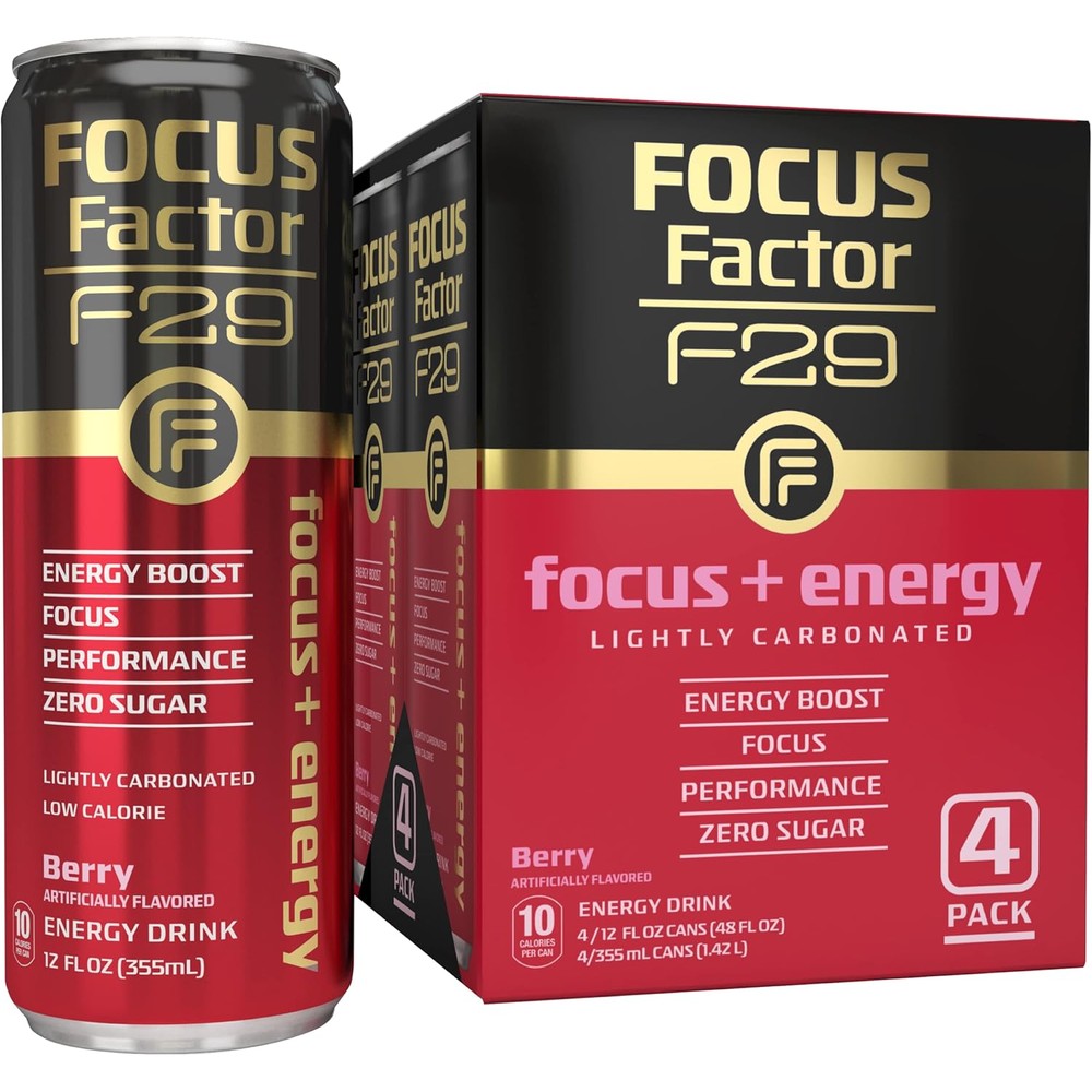 Focus Factor F29 Nootropic Focus + Energy Drink (Berry Flavor) - Pack of 4 - Lightly Carbonated - Nootropic Beverage, 10 Calories per Serving - Sugar Free Energy Drinks - Nootropic Beverage, Red