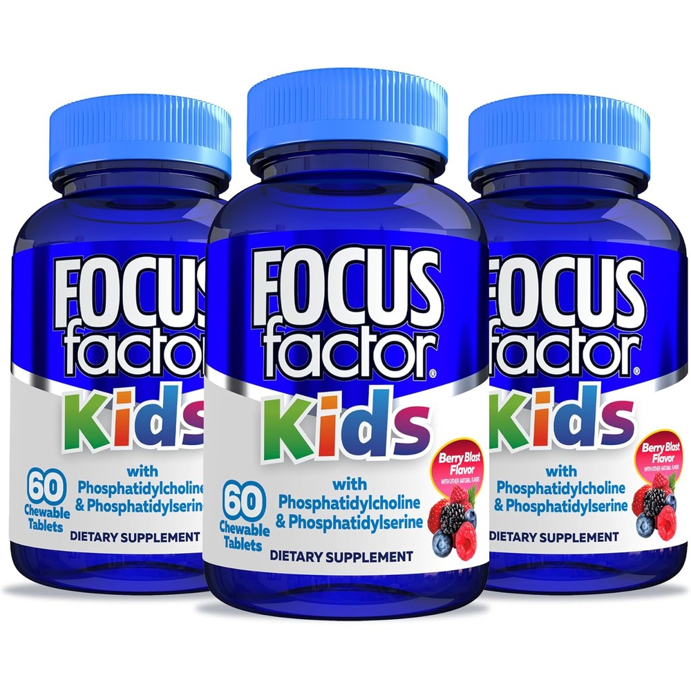 Focus Factor Kids Complete Daily Chewable Multivitamin & Neuro Nutrient Brain Function w/Vitamin B12, C, D3, Berry, 60 Count, Pack of 3