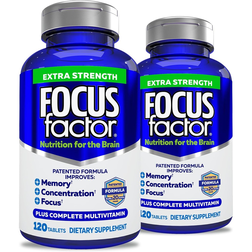 Focus Factor Adults Extra Strength, 120 Count- Brain Supplement for Memory, Concentration, Focus - DMAE, Vitamin D, DHA- Brain Health Supplement - Trusted Formula- Brain Vitamins, Focus Pills (2 pk)
