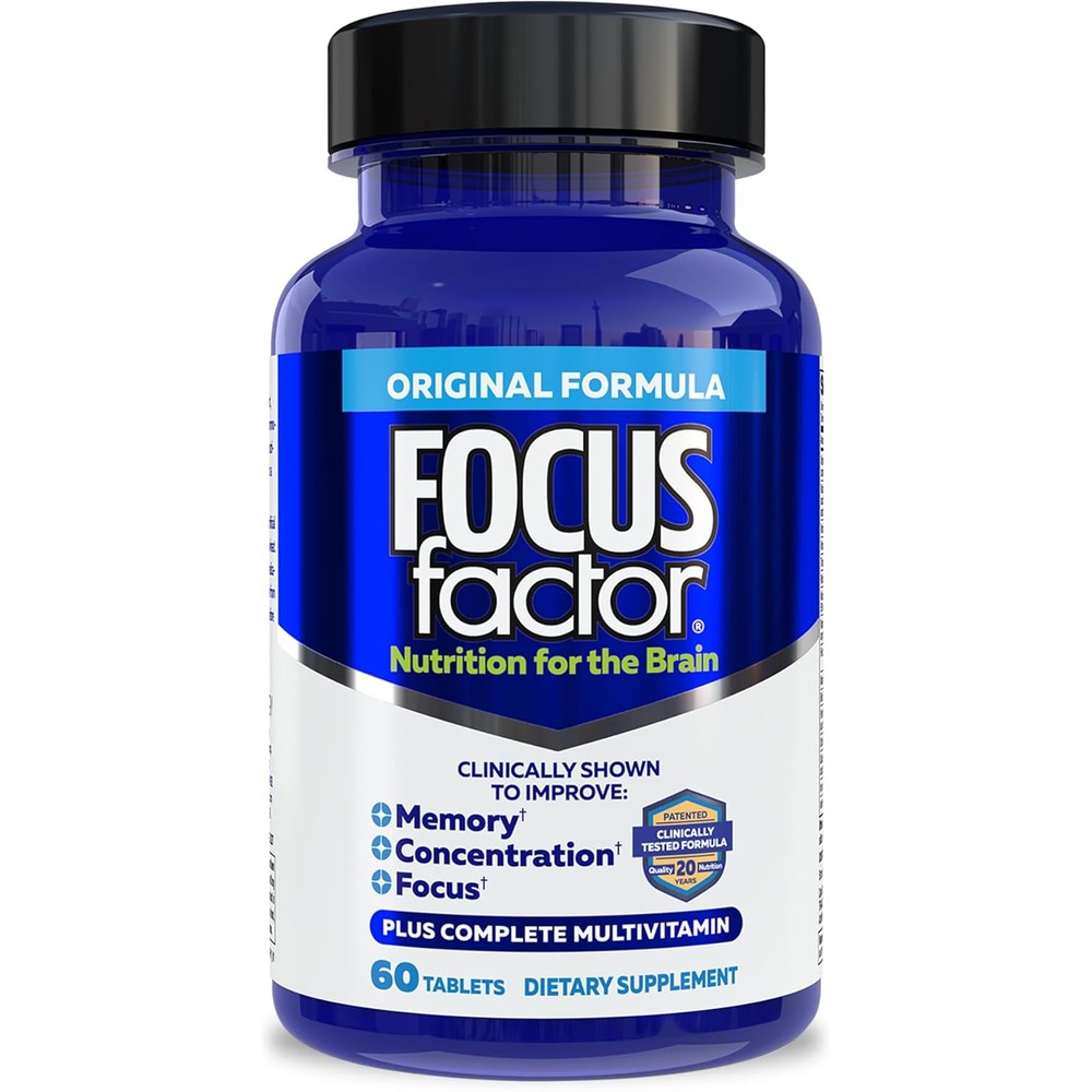 Focus Factor Nutrition for The Brain, Improved Memory & Concentration Brain Supplement, Complete Multivitamin with Vitamins B6, B12, D, Bacopa Monnieri & Tyrosine, 60 Count