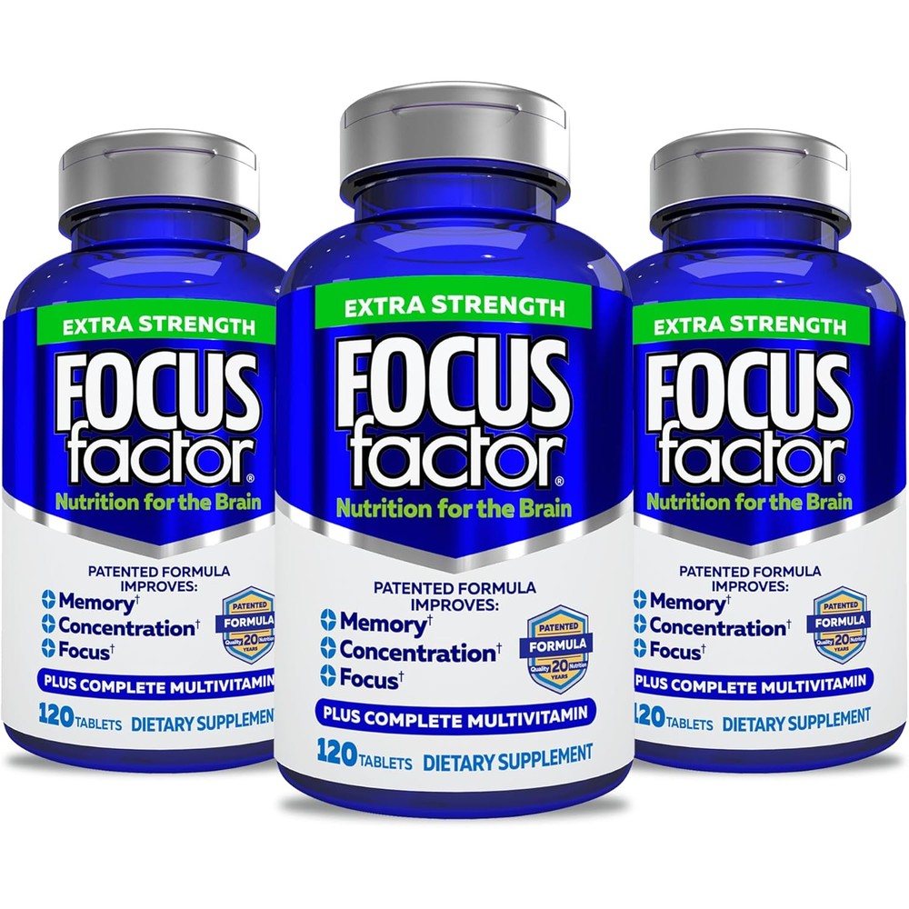 Focus Factor Adults Extra Strength, 120 Count- Brain Supplement for Memory, Concentration, Focus- DMAE, Vitamin D, DHA- Brain Health Supplement - Trusted Formula- Brain Vitamins, Focus Pills (3 Pack)