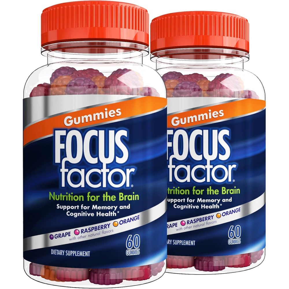 Focus Factor Nootropic Gummies, Memory Supplement for Brain, Phosphatidylserine, Bacopa, Huperzine A, 60 Count, Pack of 2