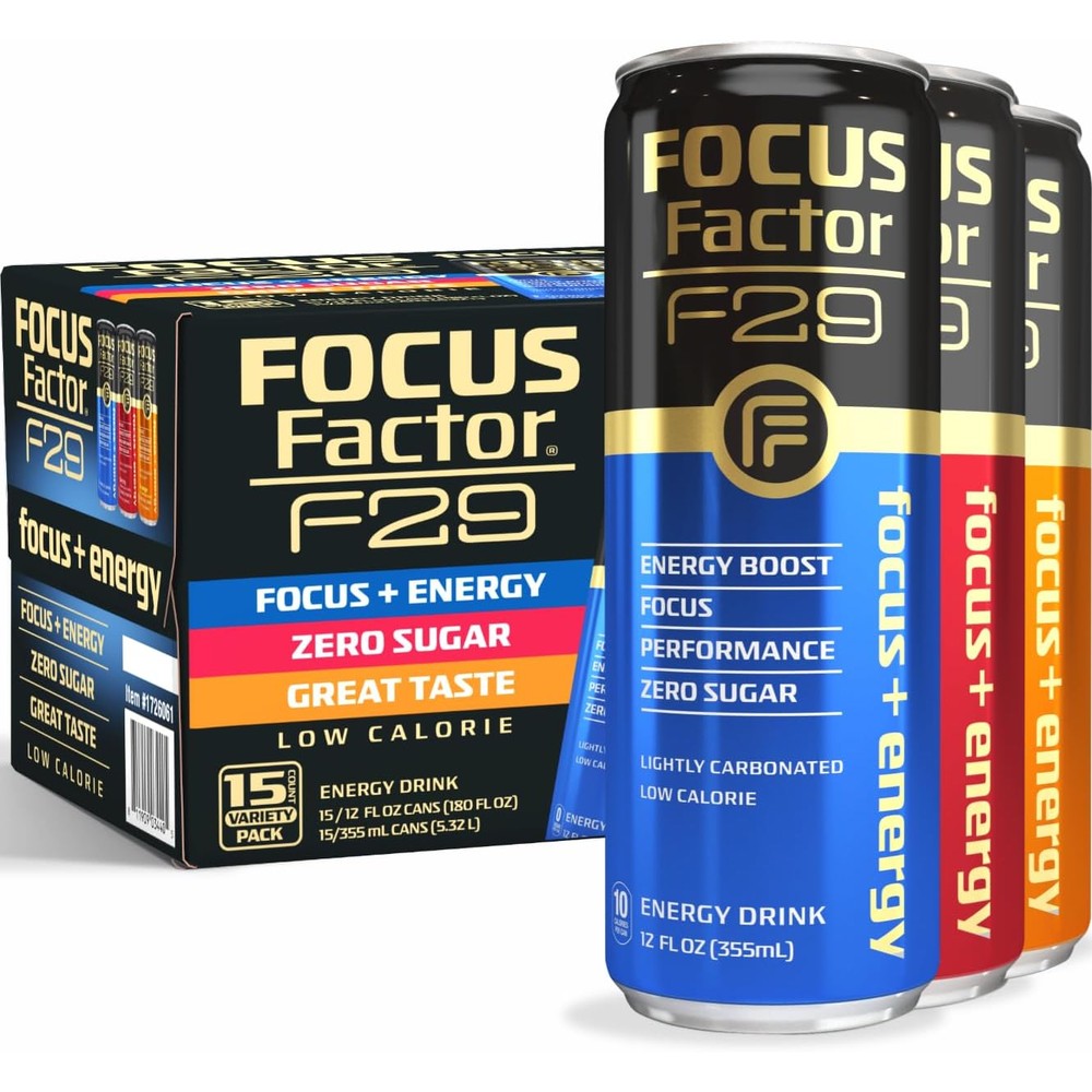 Focus Factor F29 Nootropic Focus + Energy Drink (Multipack - Blue, Orange, Berry) - Pack of 15 - Lightly Carbonated, Sugar Free Nootropic Beverage with Vitamin B6 & Vitamin B12-10 Cals per Serving