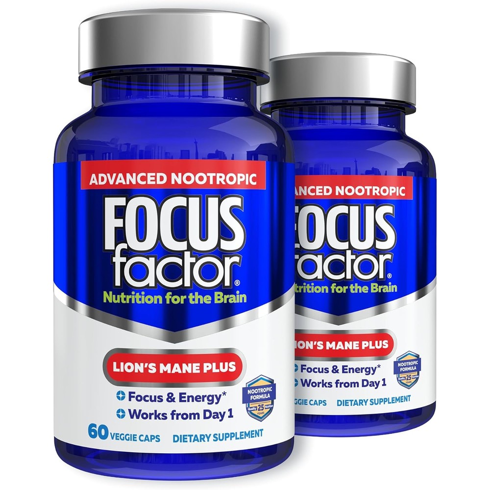 Focus Factor Lions Mane Plus, Advanced Nootropic with L-Theanine, Caffeine, Focus and Energy (60 Count) (Pack of 2)
