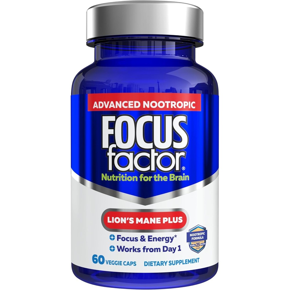 Focus Factor Lions Mane Plus, Advanced Nootropic with L-Theanine, Caffeine, Focus and Energy (60 Count)
