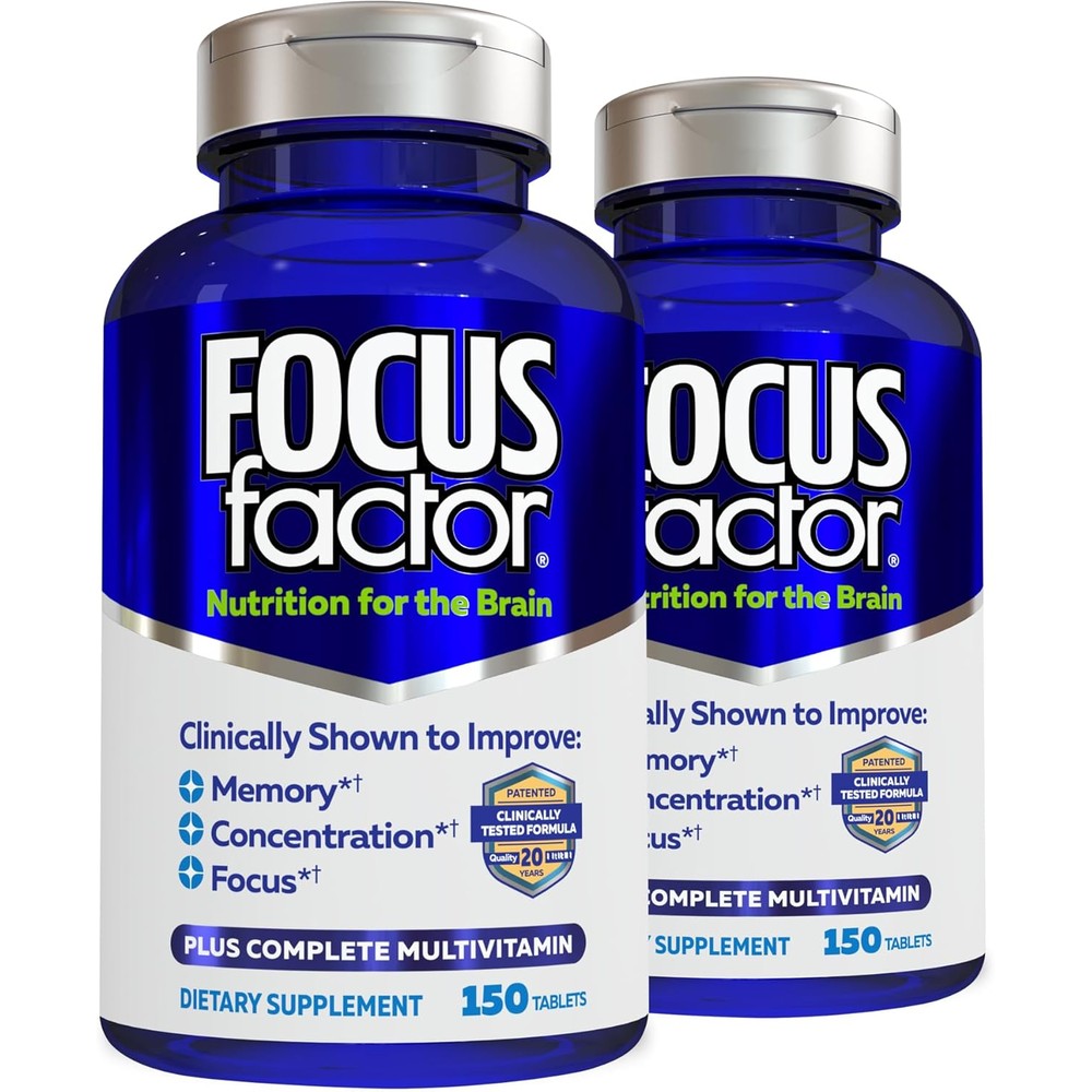 Focus Factor Nutrition for The Brain, Improved Memory & Concentration Brain Supplement, Complete Multivitamin with Vitamins B6, B12, D, Bacopa Monnieri & Tyrosine, 150 Count (Pack of 2)