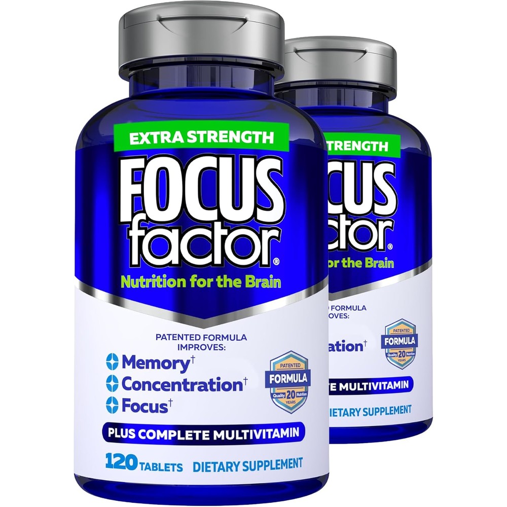 Focus Factor Adults Extra Strength, 120 Count - Brain Supplement for Memory, Concentration and Focus - Complete Multivitamin with DMAE, Vitamin D, DHA - Trusted Health Vitamins (Pack of 2)