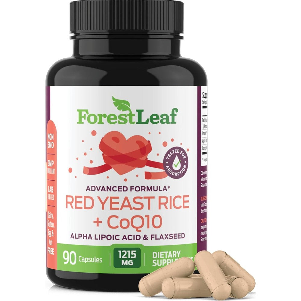 ForestLeaf Red Yeast Rice with CoQ10 Supplement - 1215 mg Extra Strength Capsules - Citrinin Free - Red Yeast Rice Supplement Complex with Alpha Lipoic Acid and Organic Flaxseed Oil, 180 Count