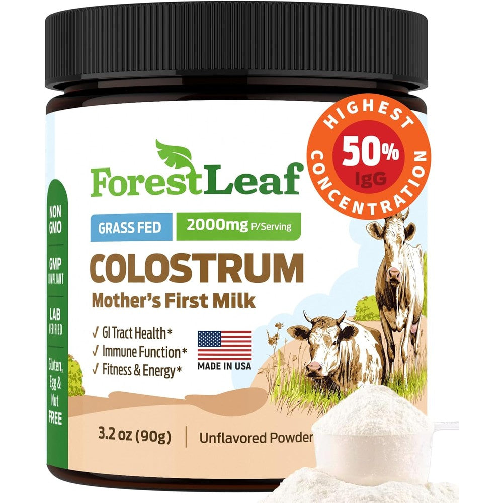 ForestLeaf Colostrum Powder 50% IgG Highest Pure Concentration, Grass Fed Colostrum Supplement for Gut Health, Immune Support and Muscle Recovery, Bovine Colostrum for Humans, Unflavored, 45 Servings