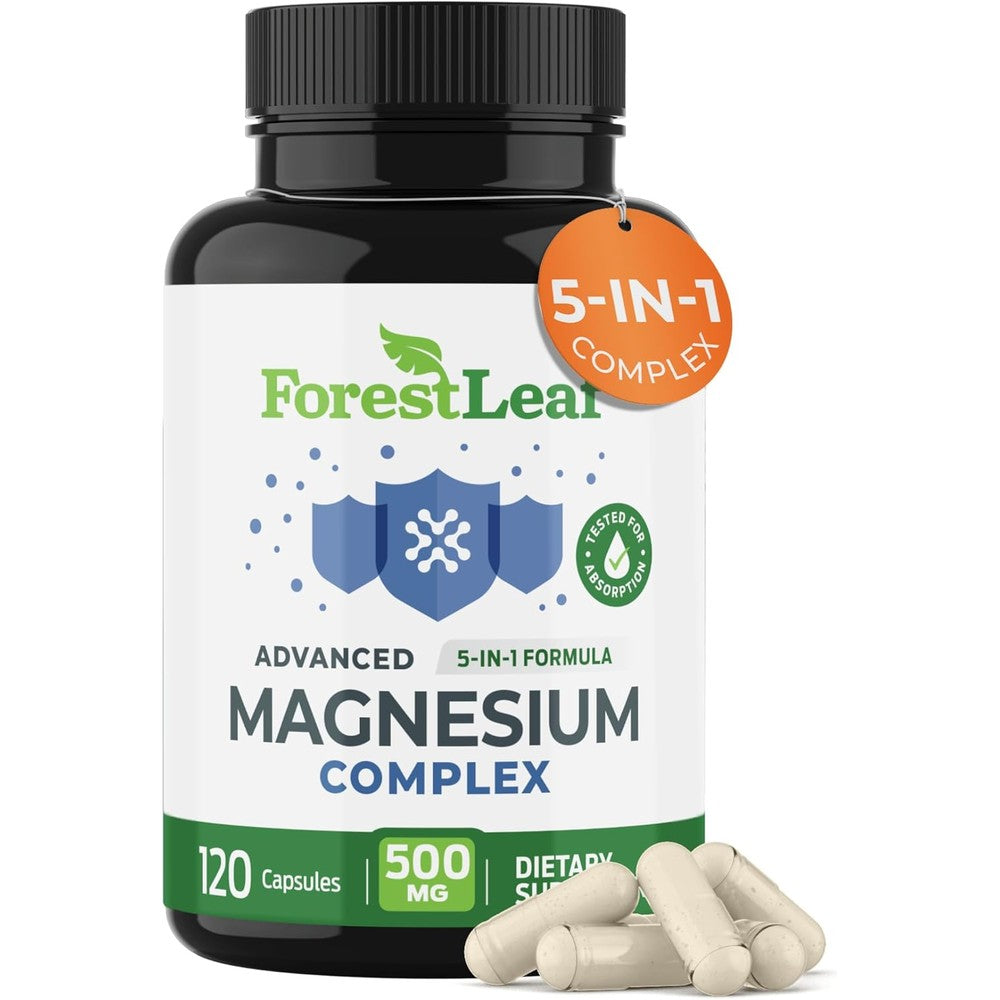 ForestLeaf Magnesium Complex for Women and Men - 500mg Magnesium Supplement for Sleep - 5-in-1 Chelated Magnesium Citrate, Bisglycinate, Malate, Taurate, Oxide (120 Ct)