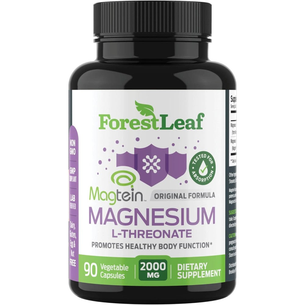 Forest Leaf Magnesium L-Threonate Magtein Capsules - 2000mg Magnesium Threonate Supplement Supports Cognitive Function, Focus, Brain, Deep Calm and Sleep for Men & Women | 90 Powder Veg Caps
