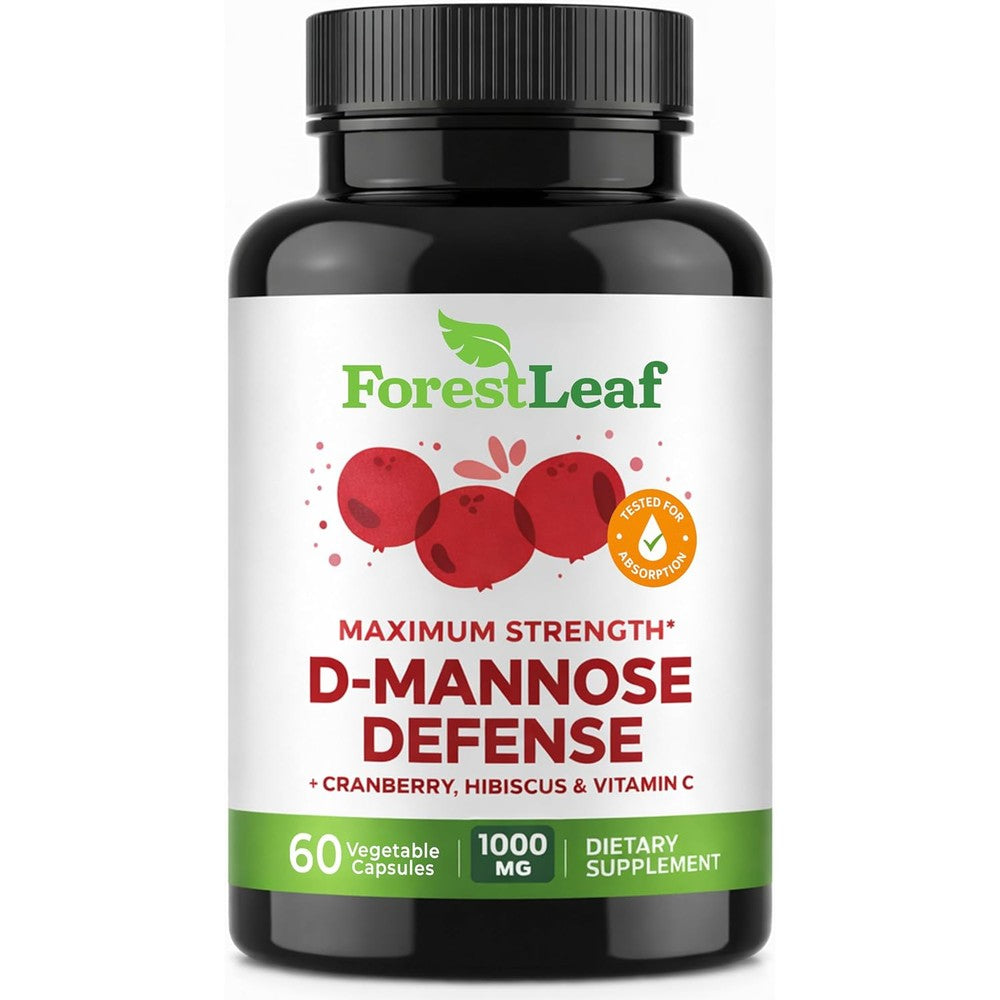 ForestLeaf D Mannose 1000mg Capsules - D-Mannose with Cranberry, Hibiscus & VIT C, Urinary Tract Health for Women and Men, Organic DMannose Pills for UTI, Urinary Health & Bladder Support 60 Capsules