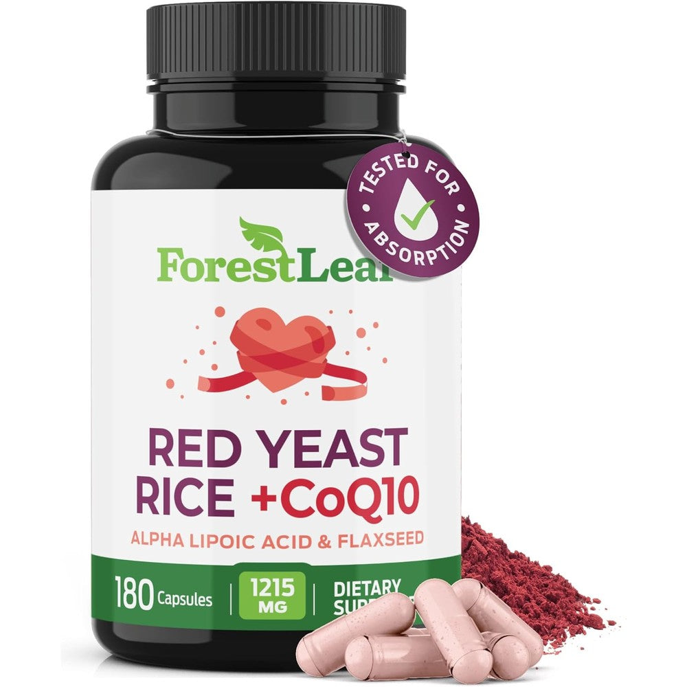 ForestLeaf Red Yeast Rice with CoQ10 Supplement - 1215mg Extra Strength Red Yeast Rice Capsules with Alpha Lipoic Acid & Organic Flaxseed, Citrinin Free - 180 Capsules