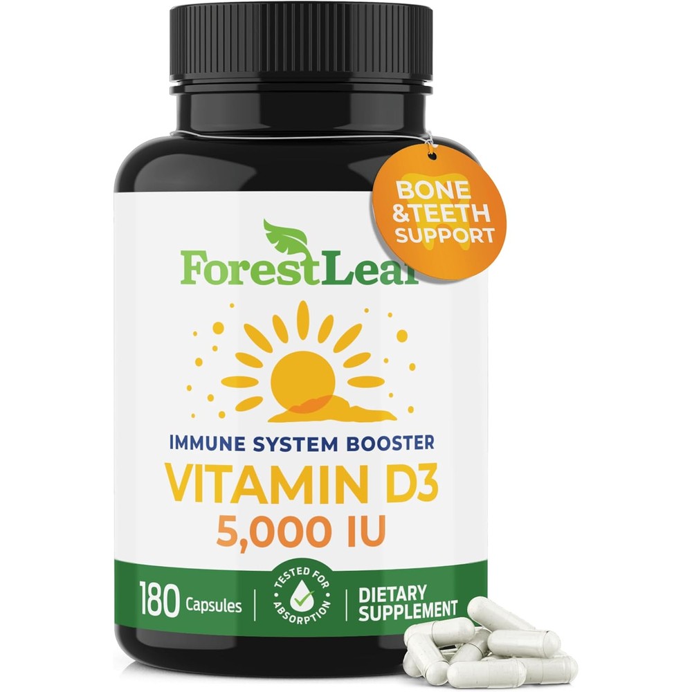 ForestLeaf Vitamin D3 5000 IU | VIT D - VIT D3 Vitamin D Supplements for Women and Men | Bone Health, Teeth and Immune Support | Easy to Swallow Pills | One Capsule Daily, 6-Month Supply, 180 Count