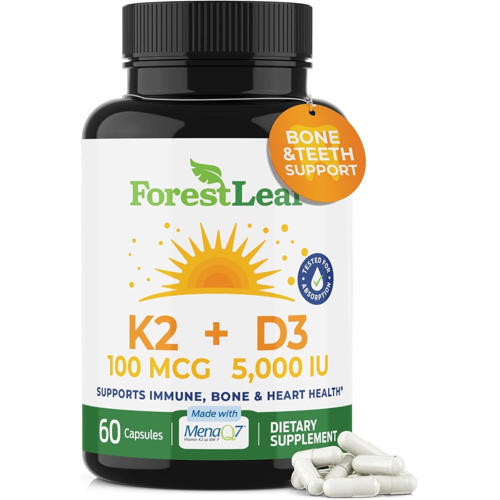 ForestLeaf Vitamin D3 + K2 (MK7) Supplement - MenaQ7 - Calcium and Vitamin D3 5000 IU Max Absorption - Teeth and Bone Strength, Heart Health, Immune System Support - 60 Veggie Capsules