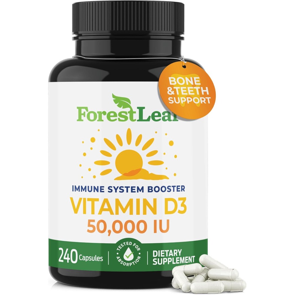 ForestLeaf Vitamin D3 50,000 IU | VIT D - VIT D3 Vitamin D Supplement for Women and Men | Bone Health, Teeth, Immune Support | Easy to Swallow Pills | High Potency WEEKLY Dose, 4-Year Supply, 240 Caps