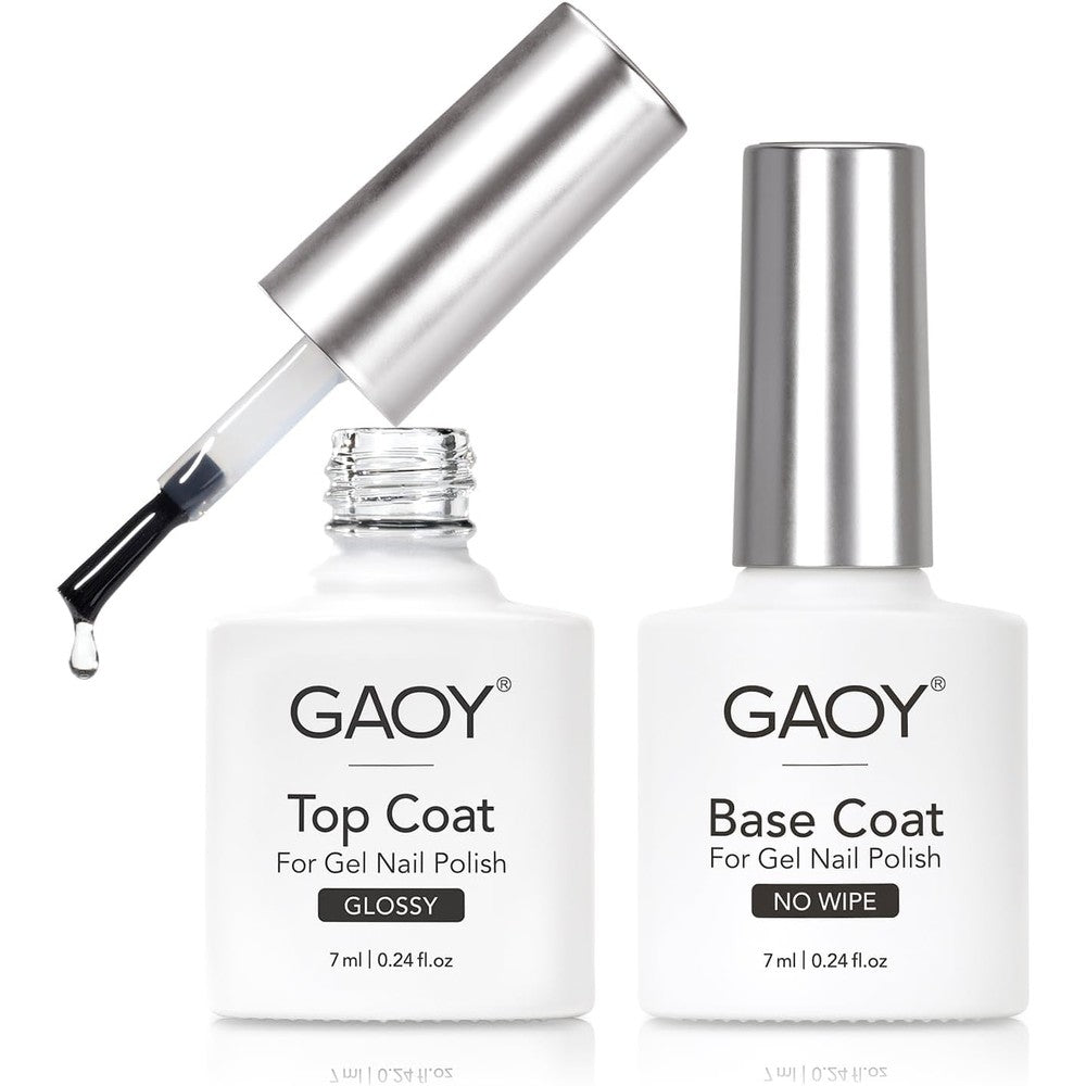 GAOY Gel Top Coat and Base Coat Set, 7ml 2 Pcs Glassy Top Coat and No Wipe Foundation Combination for UV Light Cure Gel Nail Polish