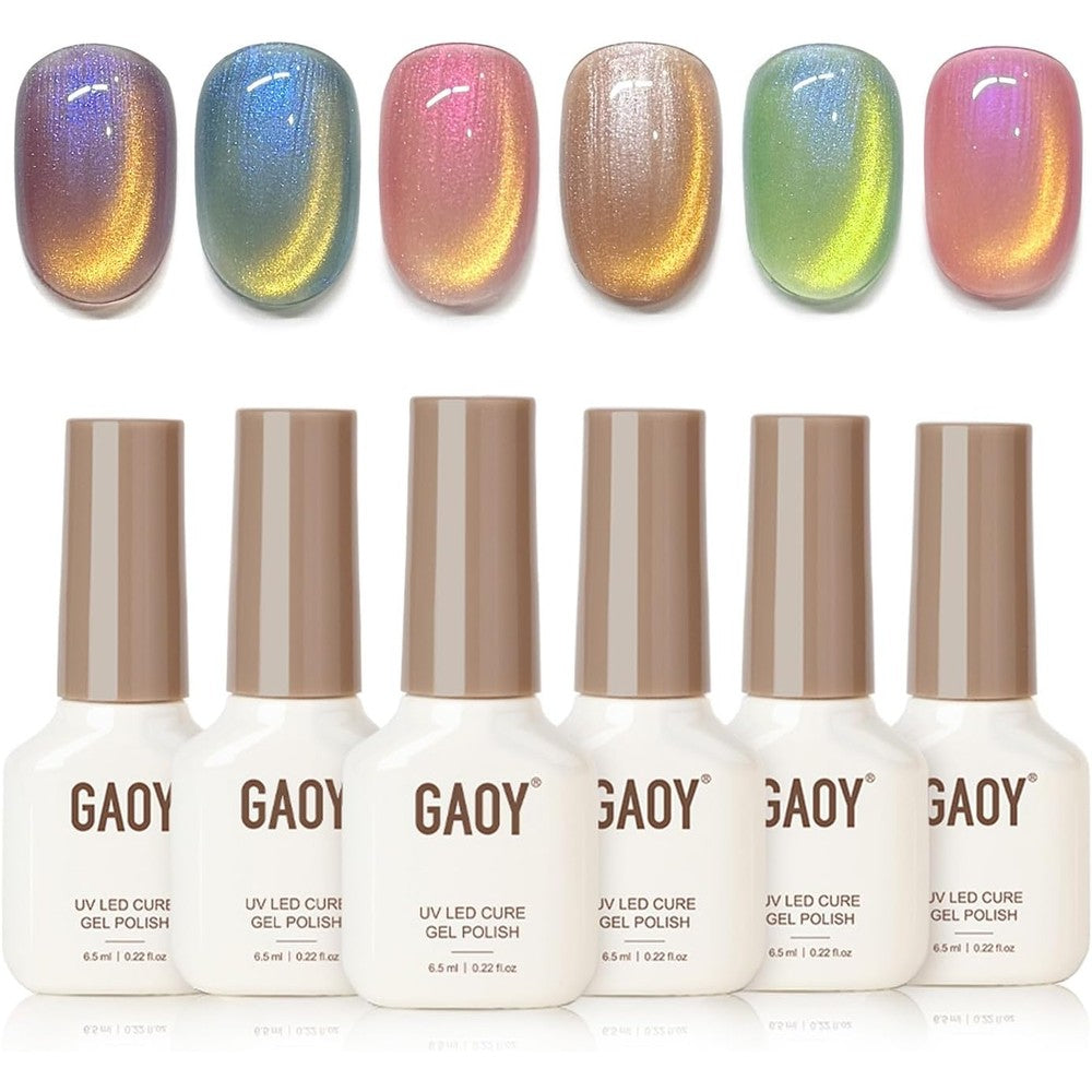 GAOY Glitter Cat Eye Gel Nail Polish Kit with Magnet, 6 Colors Colorful Holographic Nail Polish Set, UV Cure Gel for DIY Manicure at Home