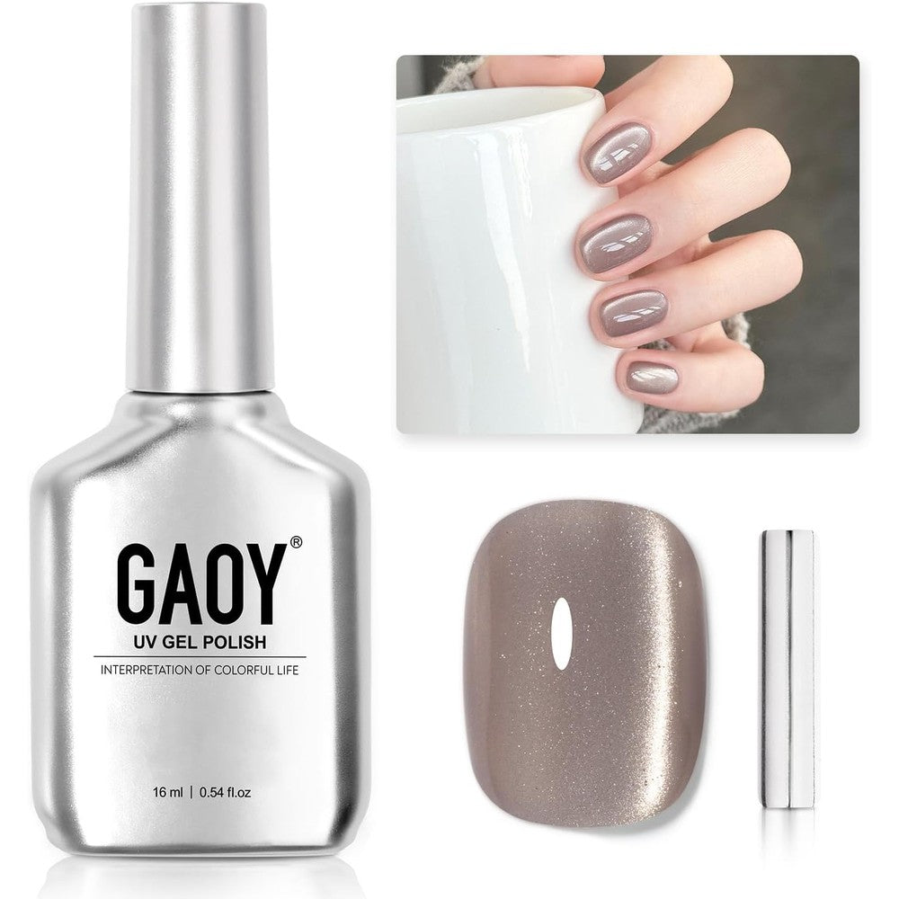 GAOY Glassy Cat Eye Gel Nail Polish, 16ml Glitter Holographic Nail Polish with Magnet, Reflective Translucent UV Gel, 2061 Chestnut Brown