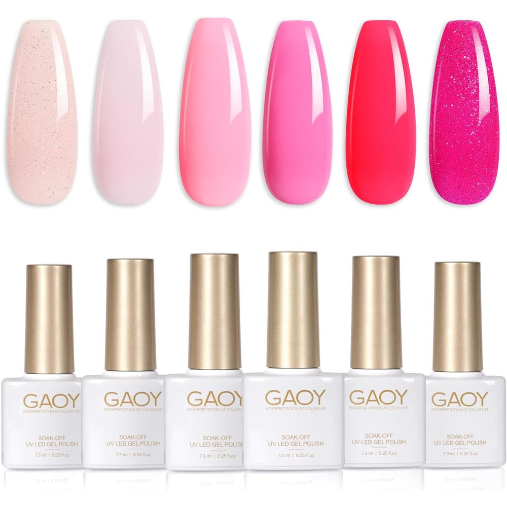 GAOY Pink Glitter Gel Nail Polish Set, 6 Colors Nude Neon Sparkle Soak Off UV Light Cure Gel Polish Kit for Salon and Nail Art DIY at Home