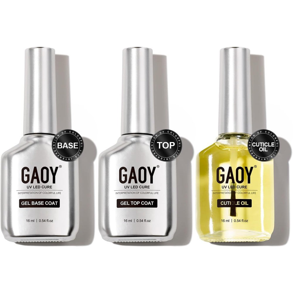 GAOY Gel Top Coat, Base Coat and Cuticle Oil Set, 3 Pcs 16ml Glossy No Wipe Combination for UV Light Cure Gel Nail Polish