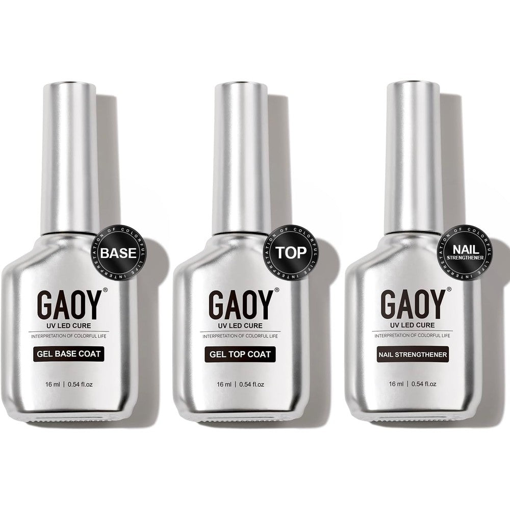 GAOY Gel Top Coat, Nail Strengthener and Base Coat Set, 3 Pcs 16ml Clear Glossy No Wipe Combination for UV Light Cure Gel Nail Polish