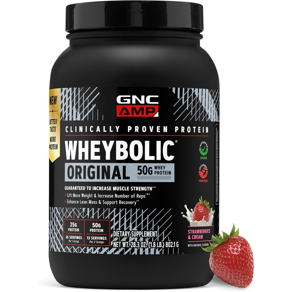 GNC AMP New Wheybolic- Clinically Studied Whey Protein Powder for Workout, Active Lifestyle- High Leucine Content- Smooth Mixing Drink Mix for Fitness Shake- Strawberries & Cream-28.3 Oz (13 Servings)