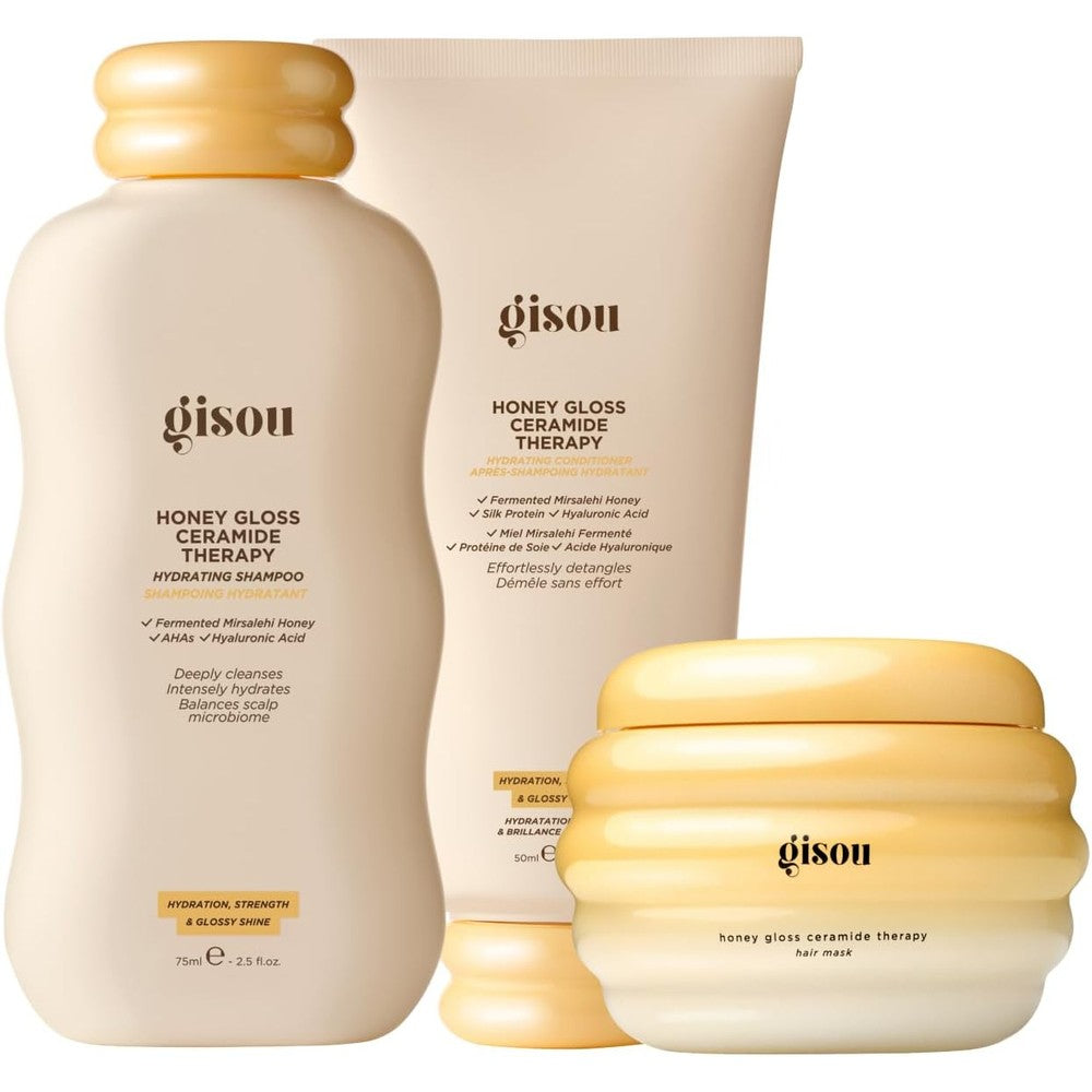 Gisou Honey Gloss Hair Therapy Trio - Mini Shampoo, Mini Hair Mask and Mini Conditioner for Smoother, Stronger and Glossier Hair