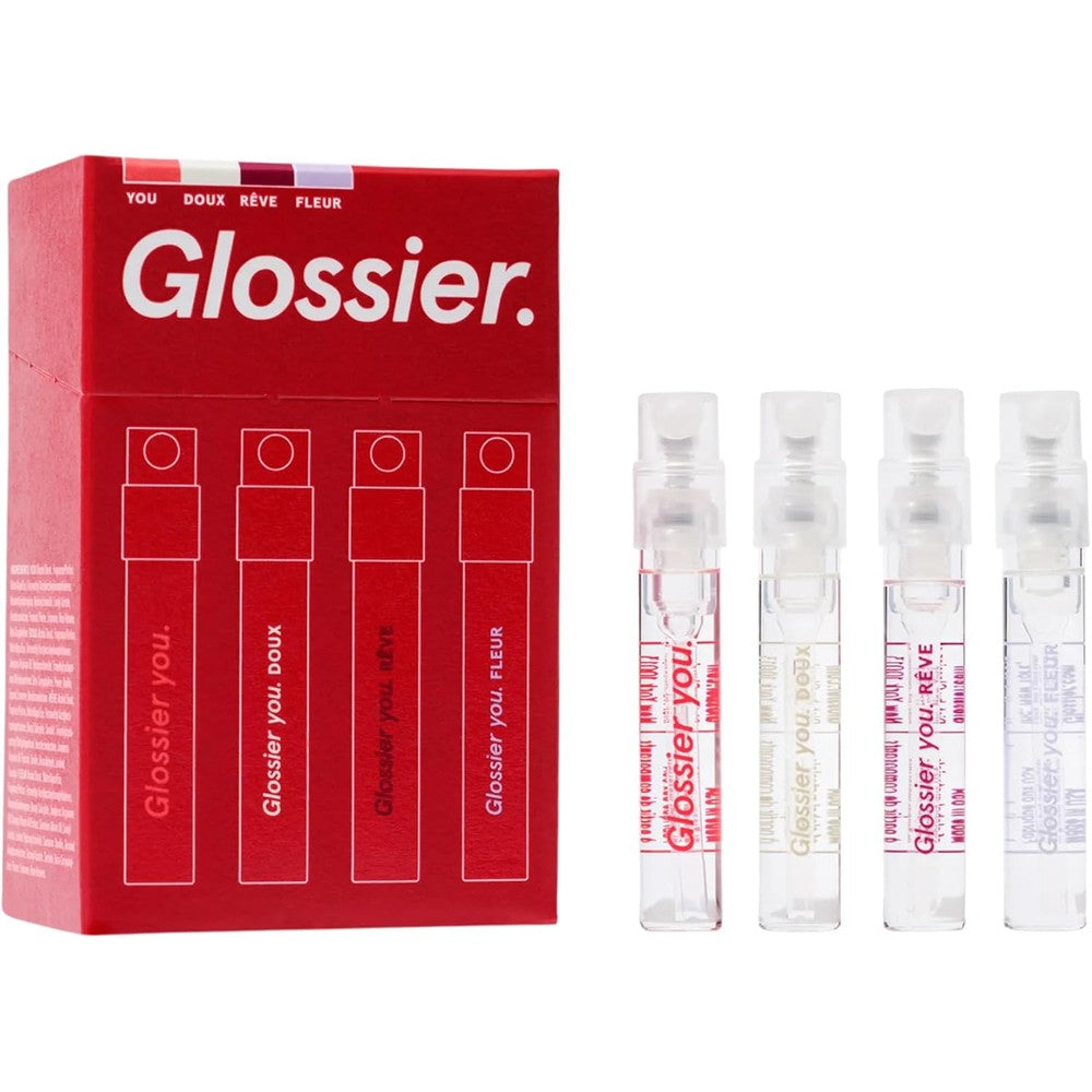 Glossier You Mini Wardrobe Fragrance Set - 4 Unisex Travel Size Eau de Parfum for Women & Men - Skin-Scent Enhancer Perfume Sampler, Smells Different on Everyone - You, Fleur, Doux, Rve - 1.5ml Each