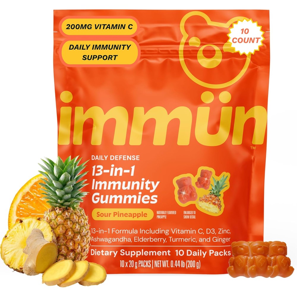 Grns Immun Immunity Gummies with Vitamin C, Zinc, MCT Oil, & Turmeric - Daily Immune Support Supplement for Adults - Sour Pineapple Flavor (10 Count)