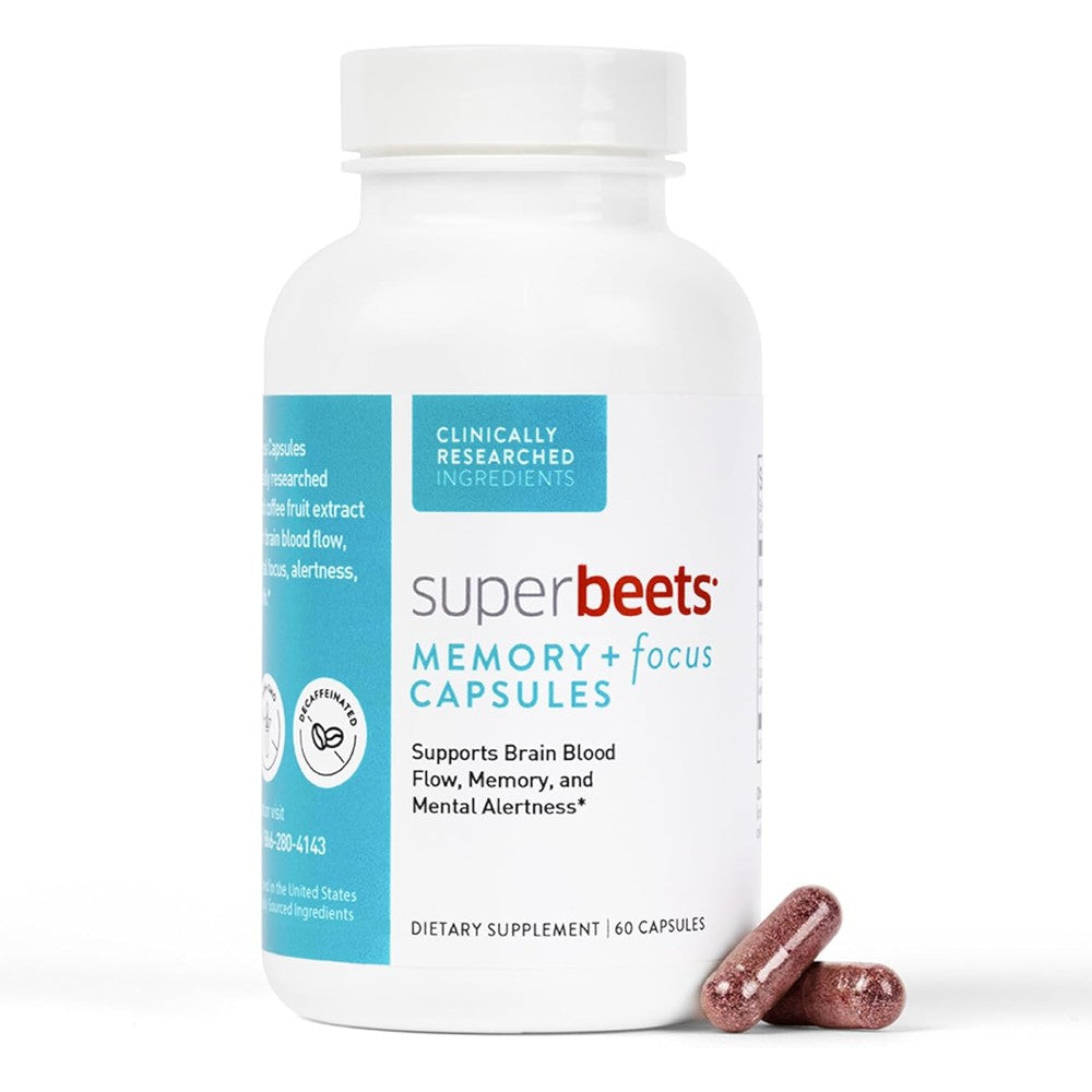HumanN SuperBeets Memory & Focus Brain Supplement Capsules - Mental Alertness - Clinically Studied Nootropics, Resveratrol Plus Beet Root Powder, Sugar-Free, 60 Count